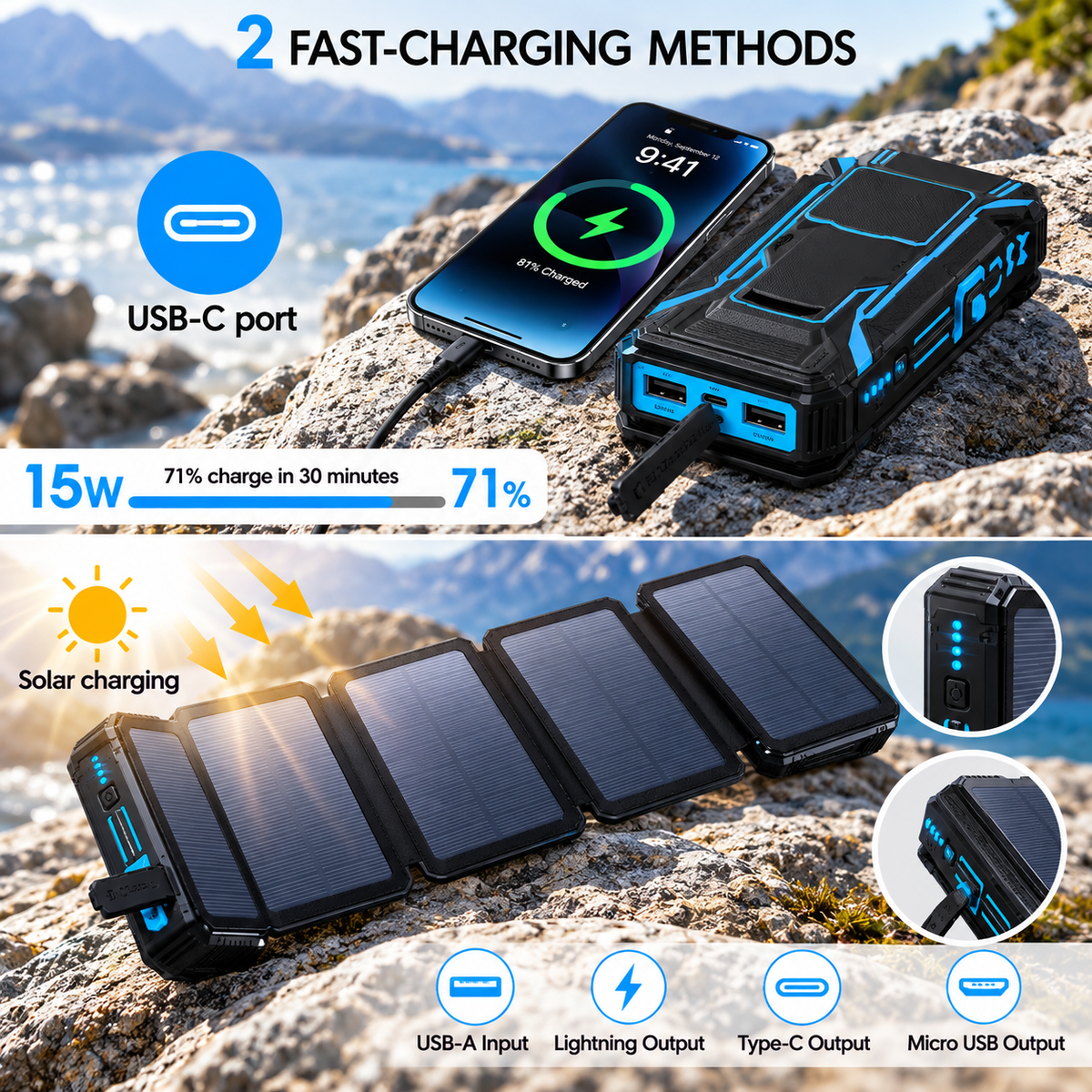 RAVU 36800mAh Faltbares Solar-Powerbank-Set (4 Solar-Panels)
