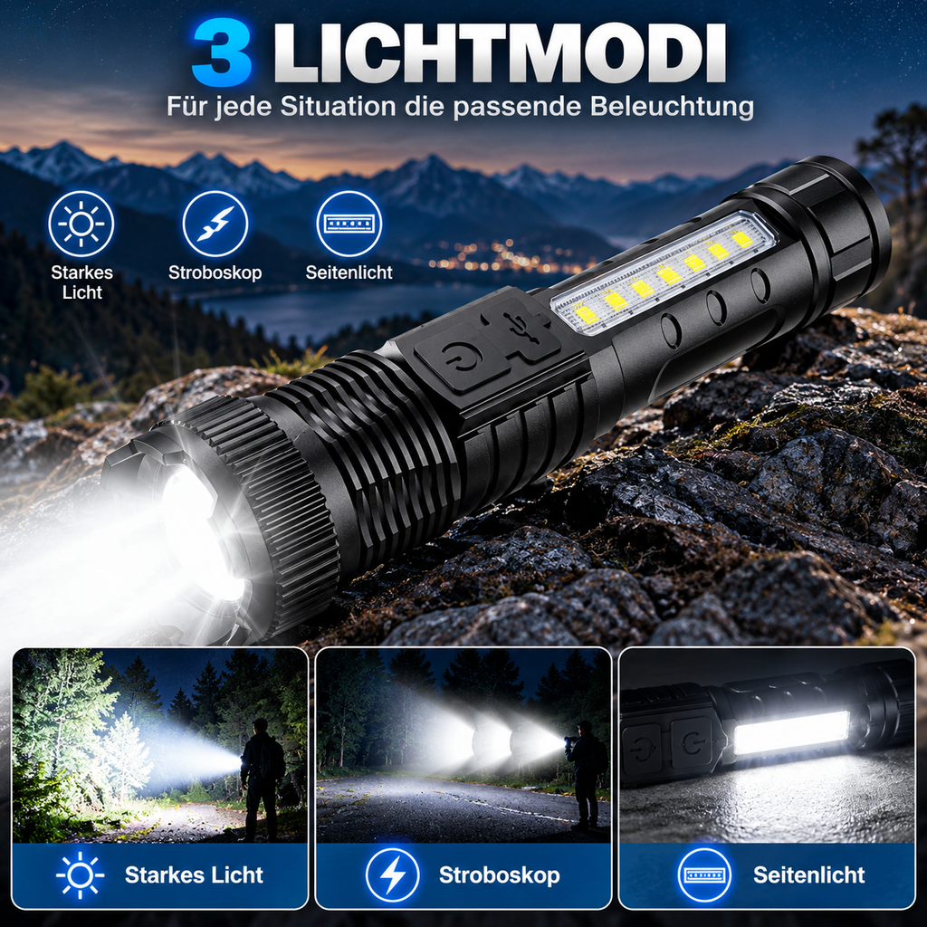 Starke LED Taschenlampe mit Zoom & Seitenlicht – USB-aufladbar, 3 Lichtmodi