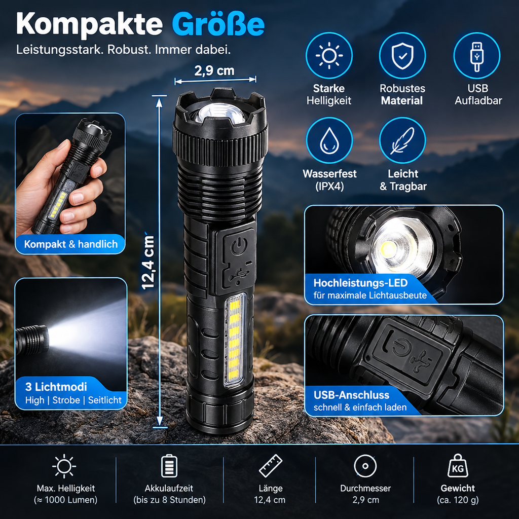 Starke LED Taschenlampe mit Zoom & Seitenlicht – USB-aufladbar, 3 Lichtmodi