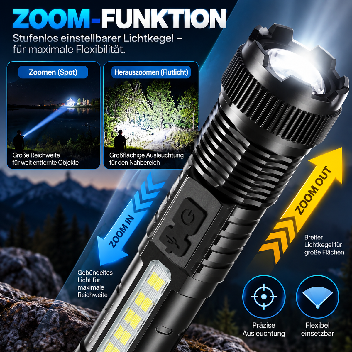 Starke LED Taschenlampe mit Zoom & Seitenlicht – USB-aufladbar, 3 Lichtmodi