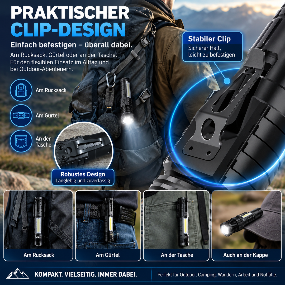 Starke LED Taschenlampe mit Zoom & Seitenlicht – USB-aufladbar, 3 Lichtmodi