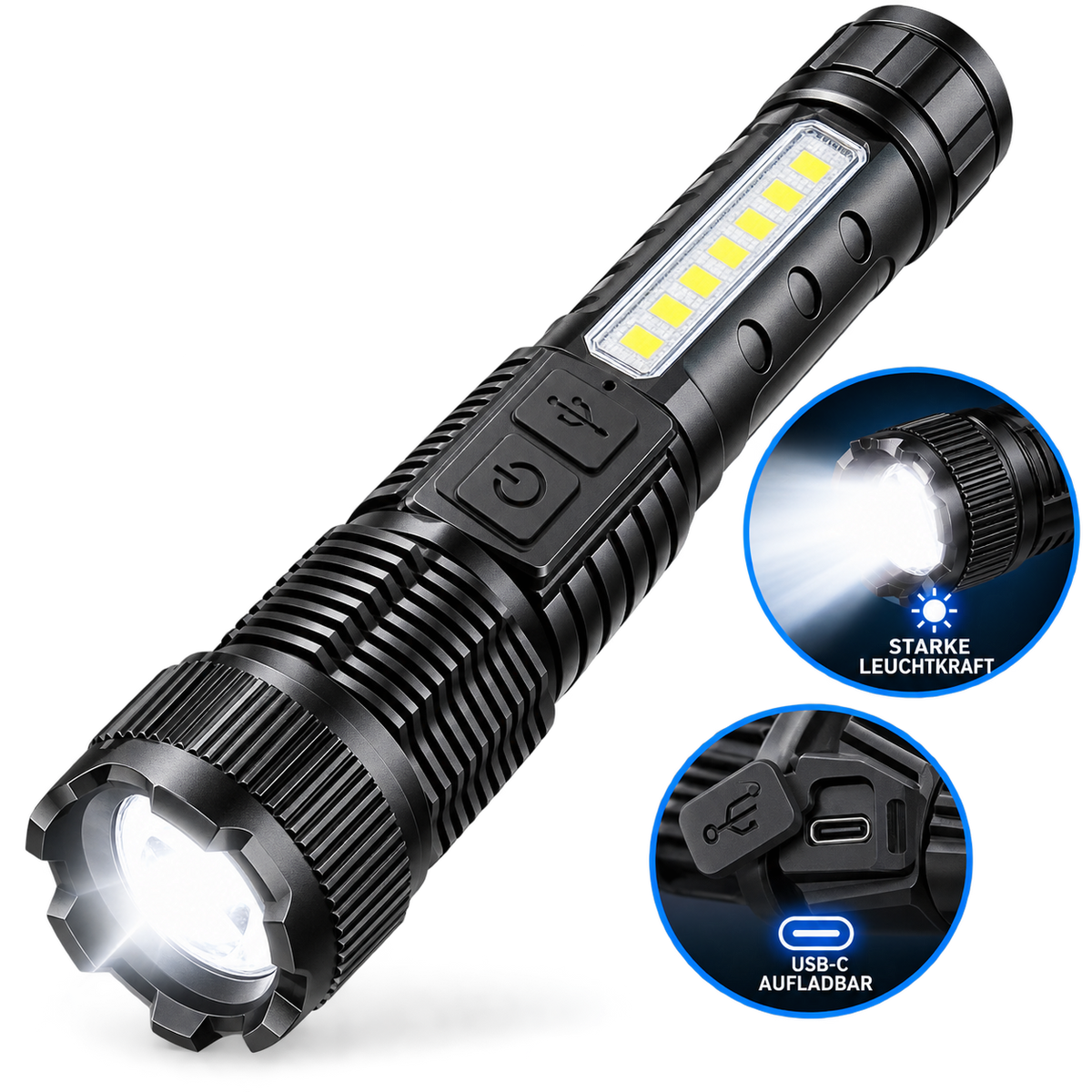 Starke LED Taschenlampe mit Zoom & Seitenlicht – USB-aufladbar, 3 Lichtmodi
