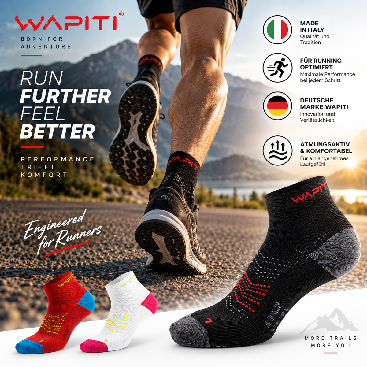 Wapiti Run Oekotec Short Laufsocken Profi Sportsocken | Made in Italy
