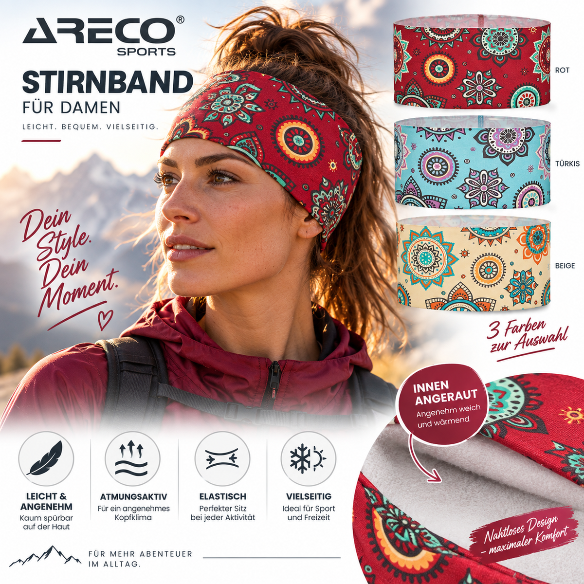 ARECO Laufstirnband Lightweight | Ultraleicht & Atmungsaktiv (bunt)