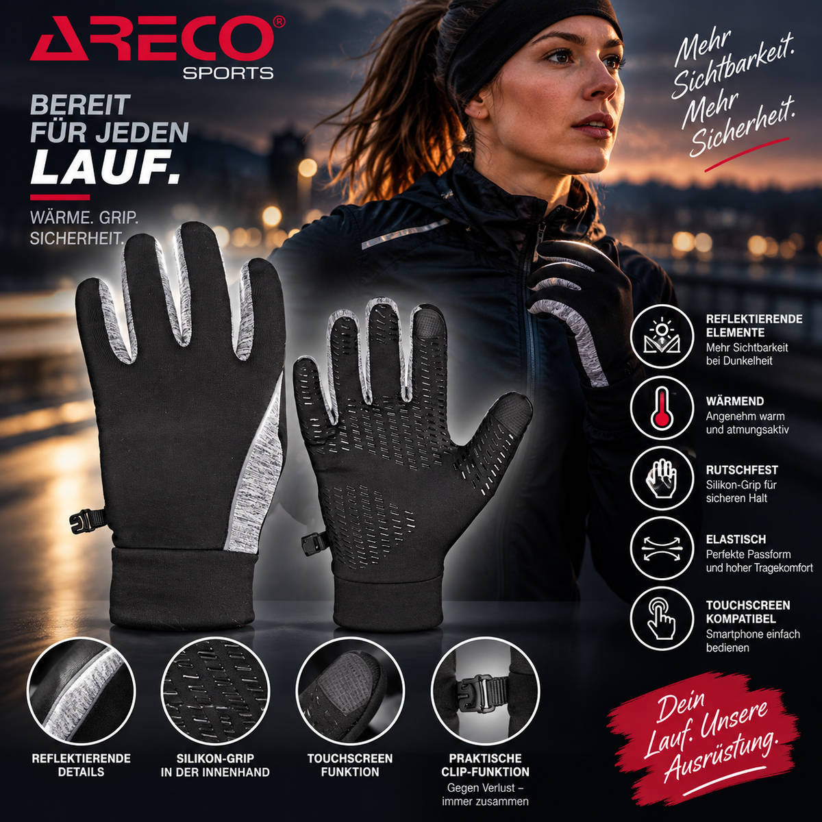 ARECO Laufhandschuhe Touch Grip | Mit Touchfunktion & Reflektoren