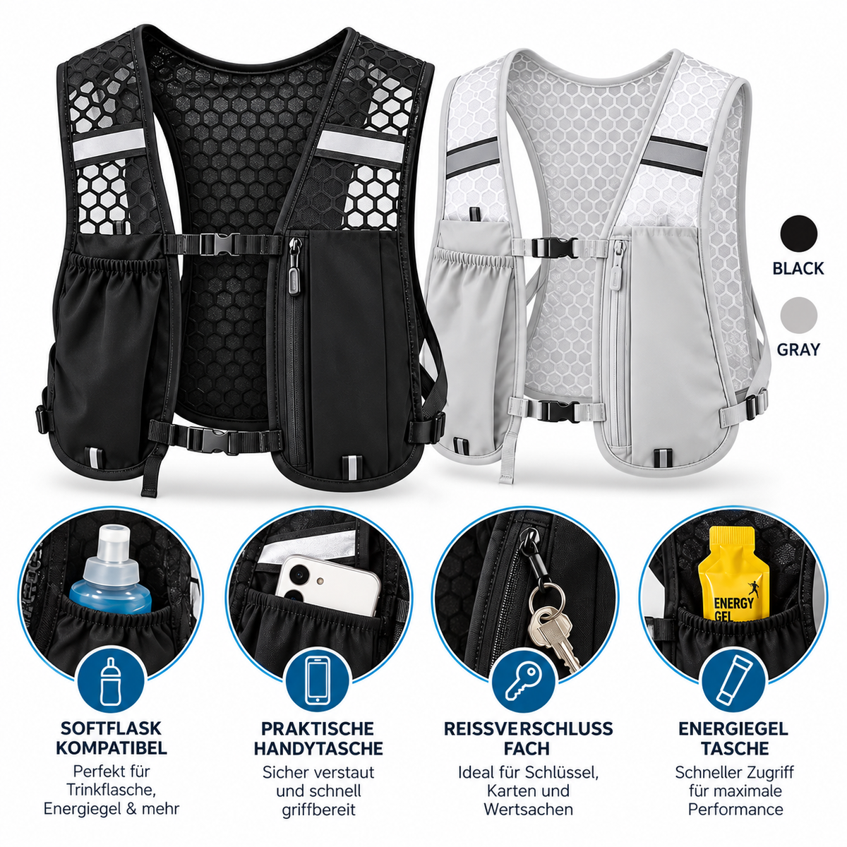 RAVU Laufweste Ultralight 120 g – Running Vest mit Taschen & Reflektoren