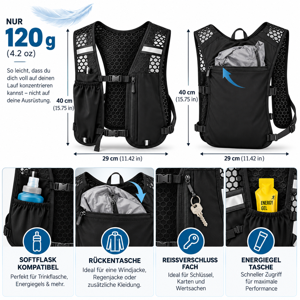 RAVU Laufweste Ultralight 120 g – Running Vest mit Taschen & Reflektoren