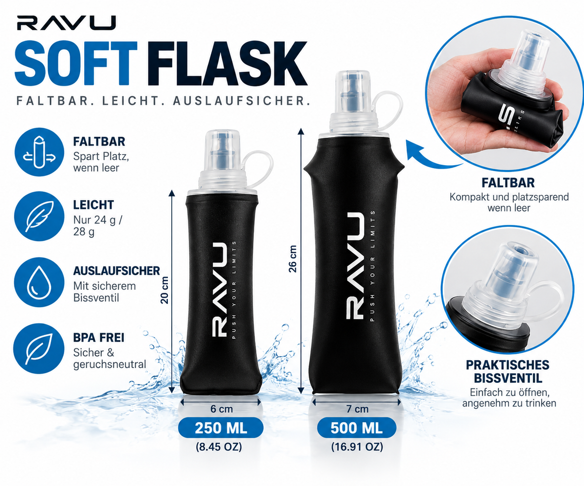 RAVU Soft Flask Trinkflasche – faltbar aus TPU in Lebensmittelqualität