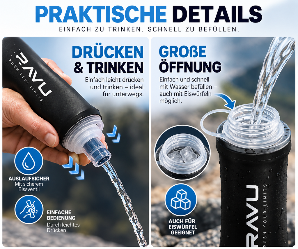 RAVU Soft Flask Trinkflasche – faltbar aus TPU in Lebensmittelqualität