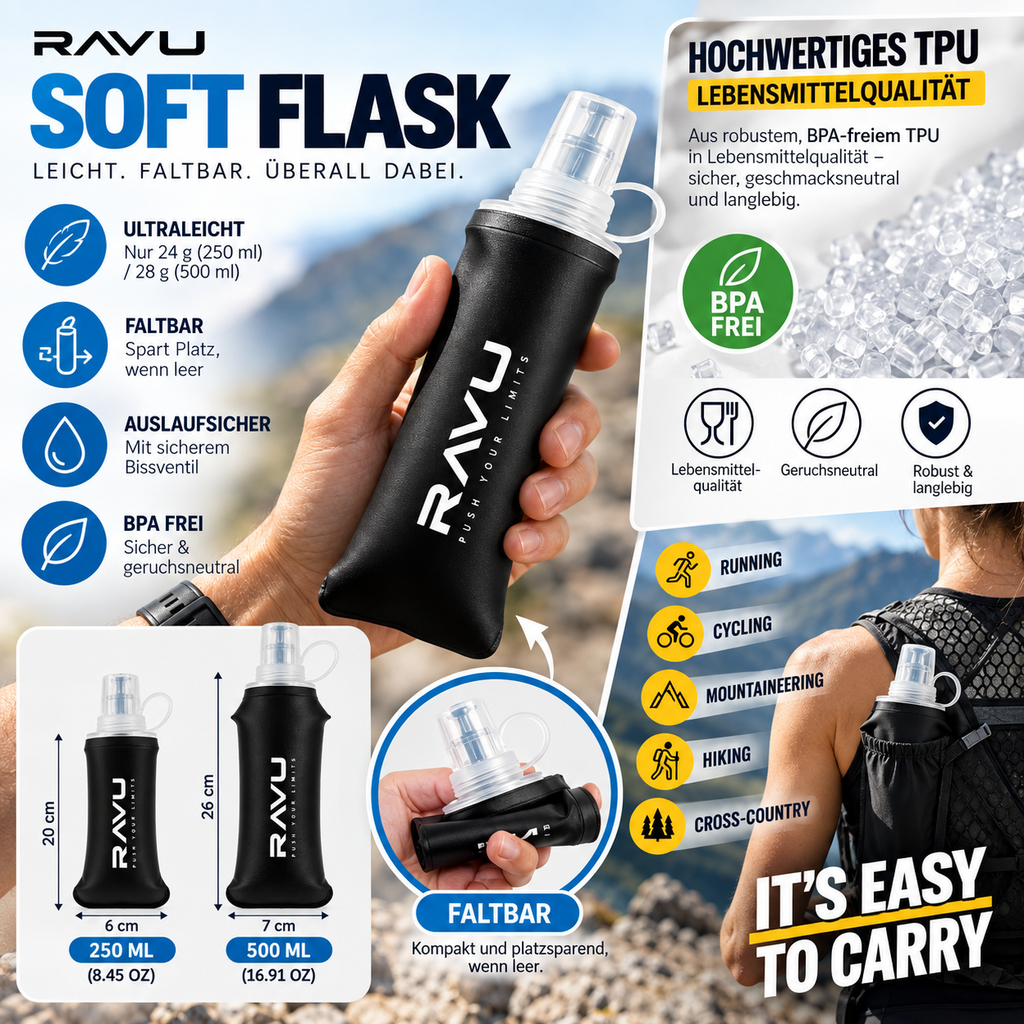 RAVU Soft Flask Trinkflasche – faltbar aus TPU in Lebensmittelqualität