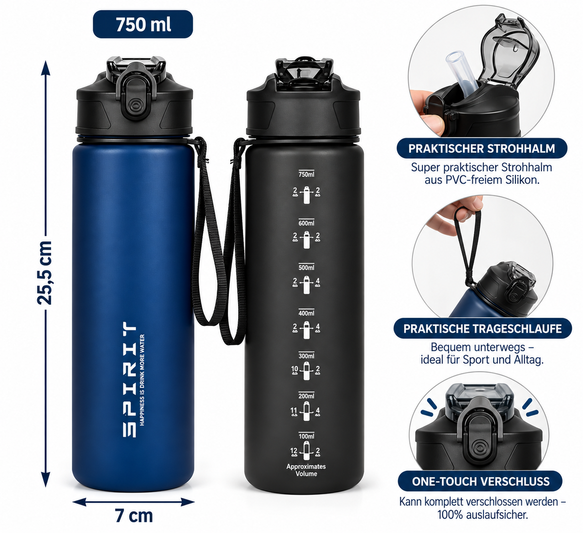 RAVU Sport-Trinkflasche 750 ml – auslaufsicher & One-Touch