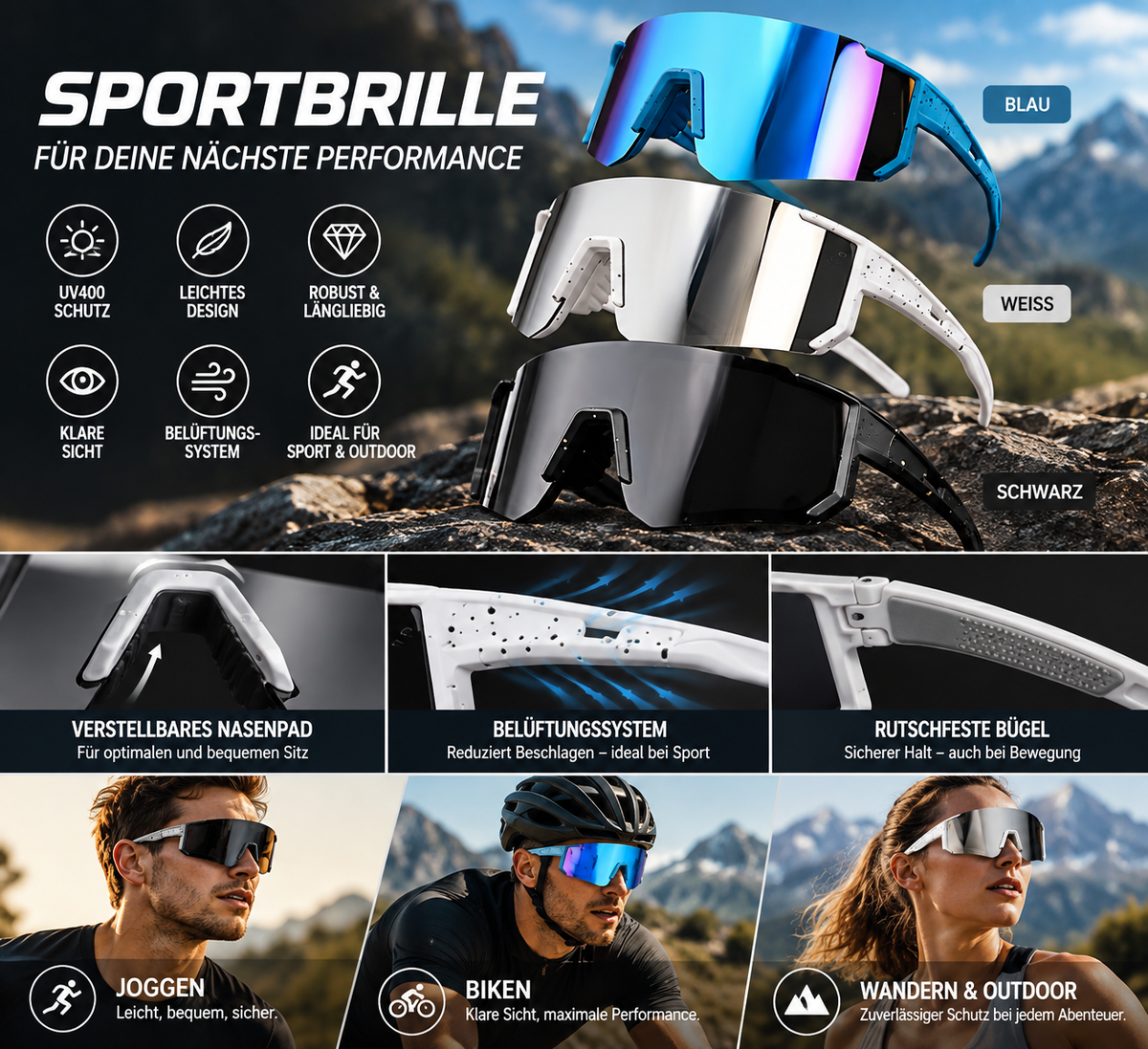 RAVU Performance Sportbrille UV400 – ultraleichte Running Sonnenbrille