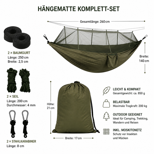 Camping-Hängematte mit Moskitonetz – Ultraleicht, Robust & Komfortabel