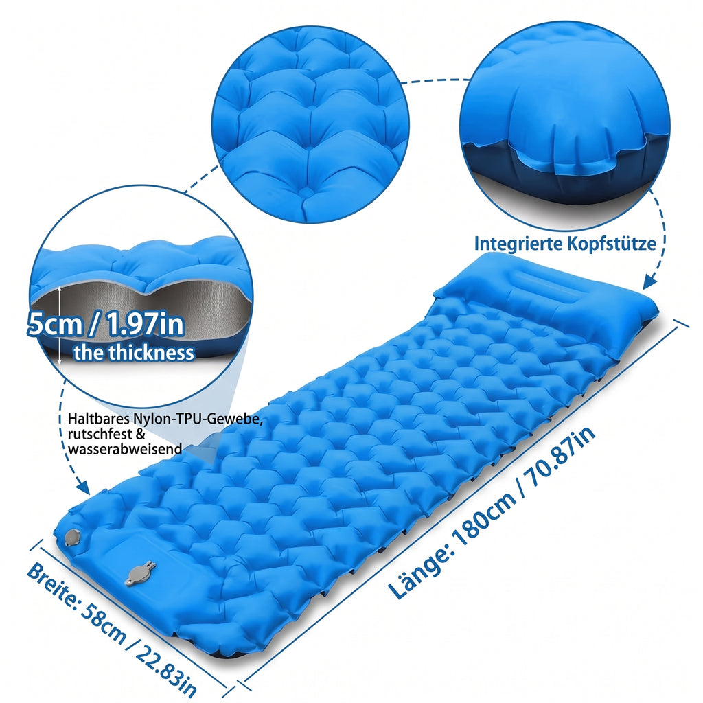 RAVU Camping Luftmatratze mit integrierter Pumpe & Kissen – 180x58 cm