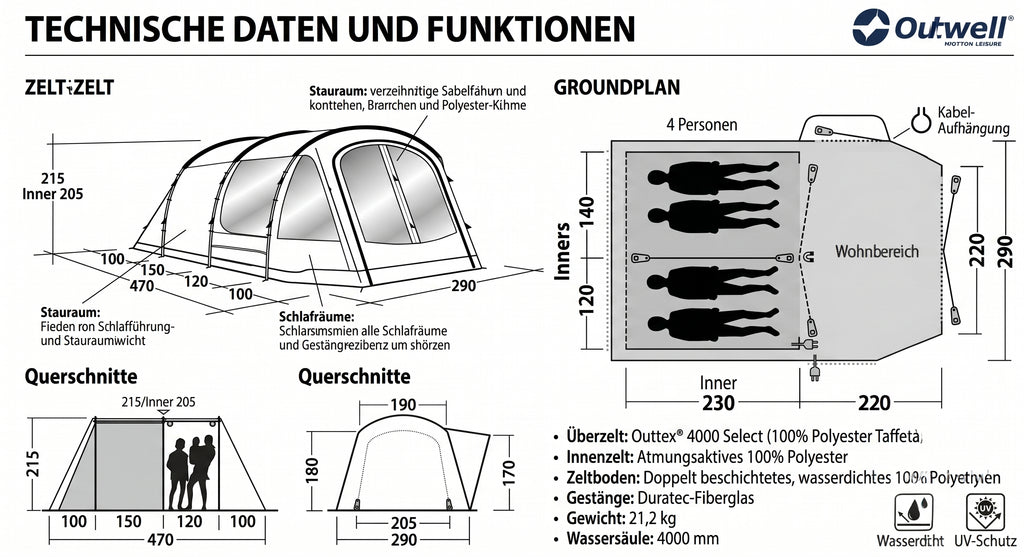 Outwell Nevada 4P Familienzelt – 4-Personen Tunnelzelt mit Stehhöhe