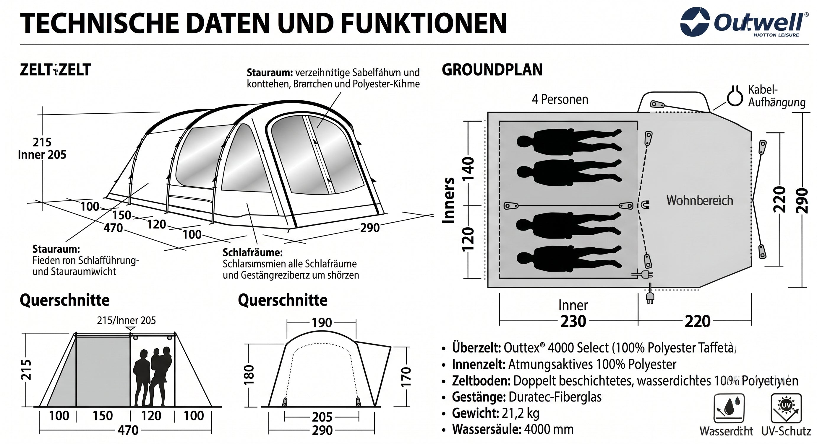 Outwell Nevada 4P Familienzelt – 4-Personen Tunnelzelt mit Stehhöhe
