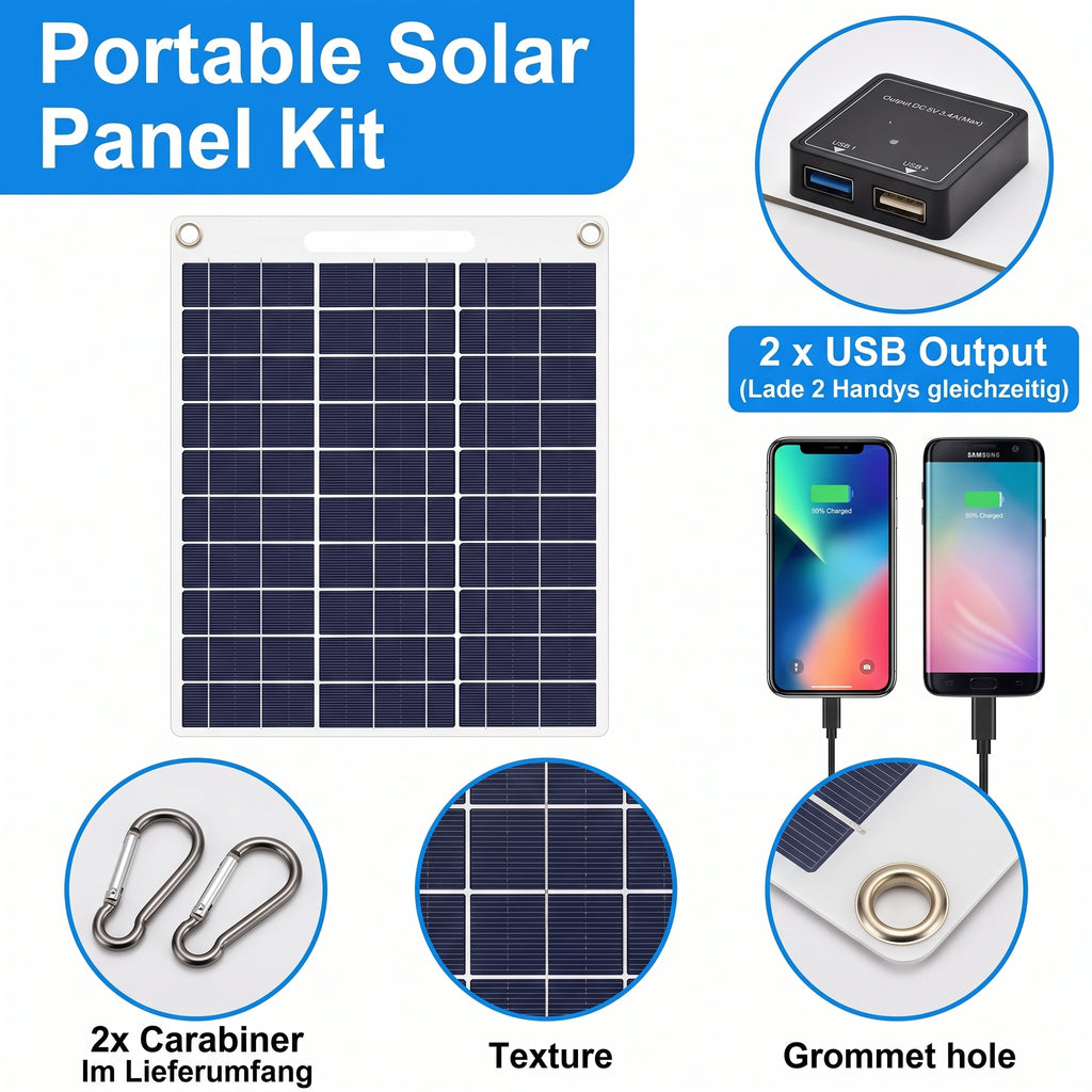 Ravu - 6W Solar-Ladepanel – Ultraleicht, USB, 2 Hubs, 2 Karabiner