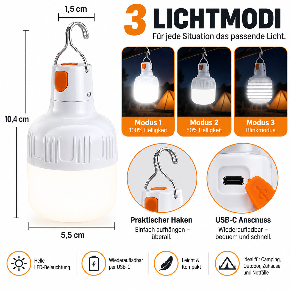 RAVU Campinglampe – Wiederaufladbare LED Lampe mit 3 Lichtmodi, USB-C & Aufhängehaken