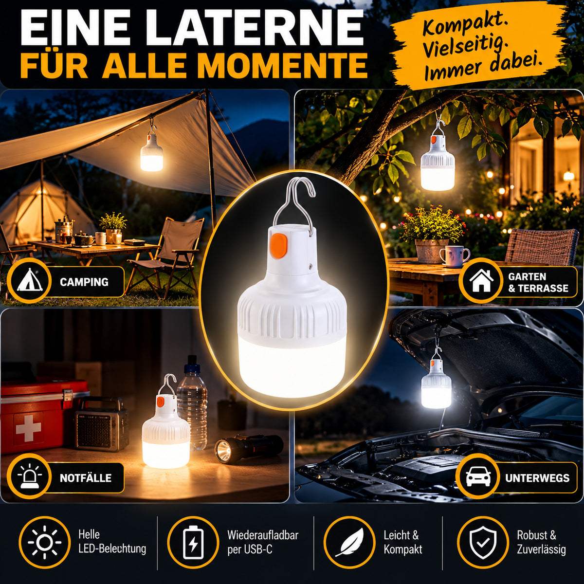 RAVU Campinglampe – Wiederaufladbare LED Lampe mit 3 Lichtmodi, USB-C & Aufhängehaken