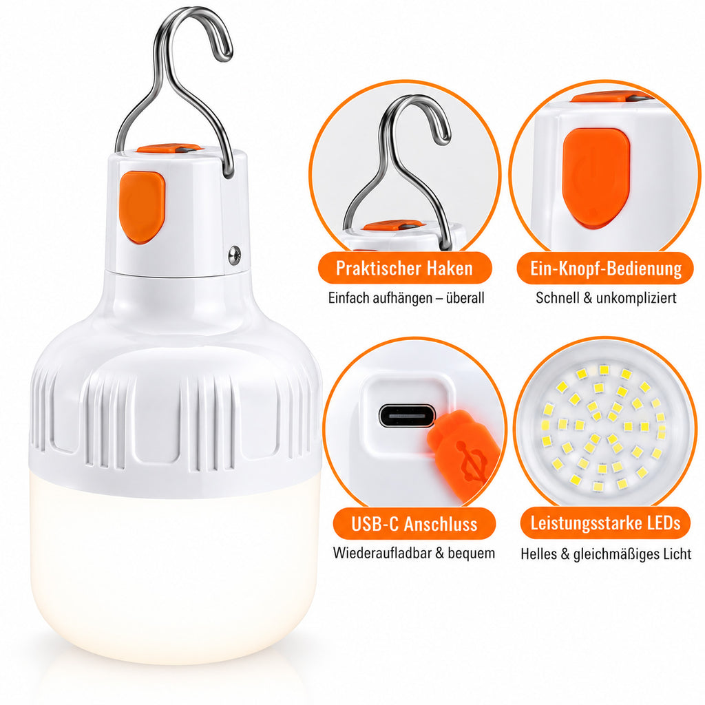 RAVU Campinglampe – Wiederaufladbare LED Lampe mit 3 Lichtmodi, USB-C & Aufhängehaken