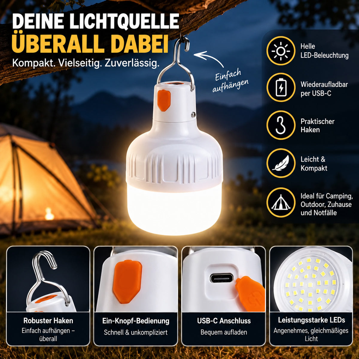 RAVU Campinglampe – Wiederaufladbare LED Lampe mit 3 Lichtmodi, USB-C & Aufhängehaken