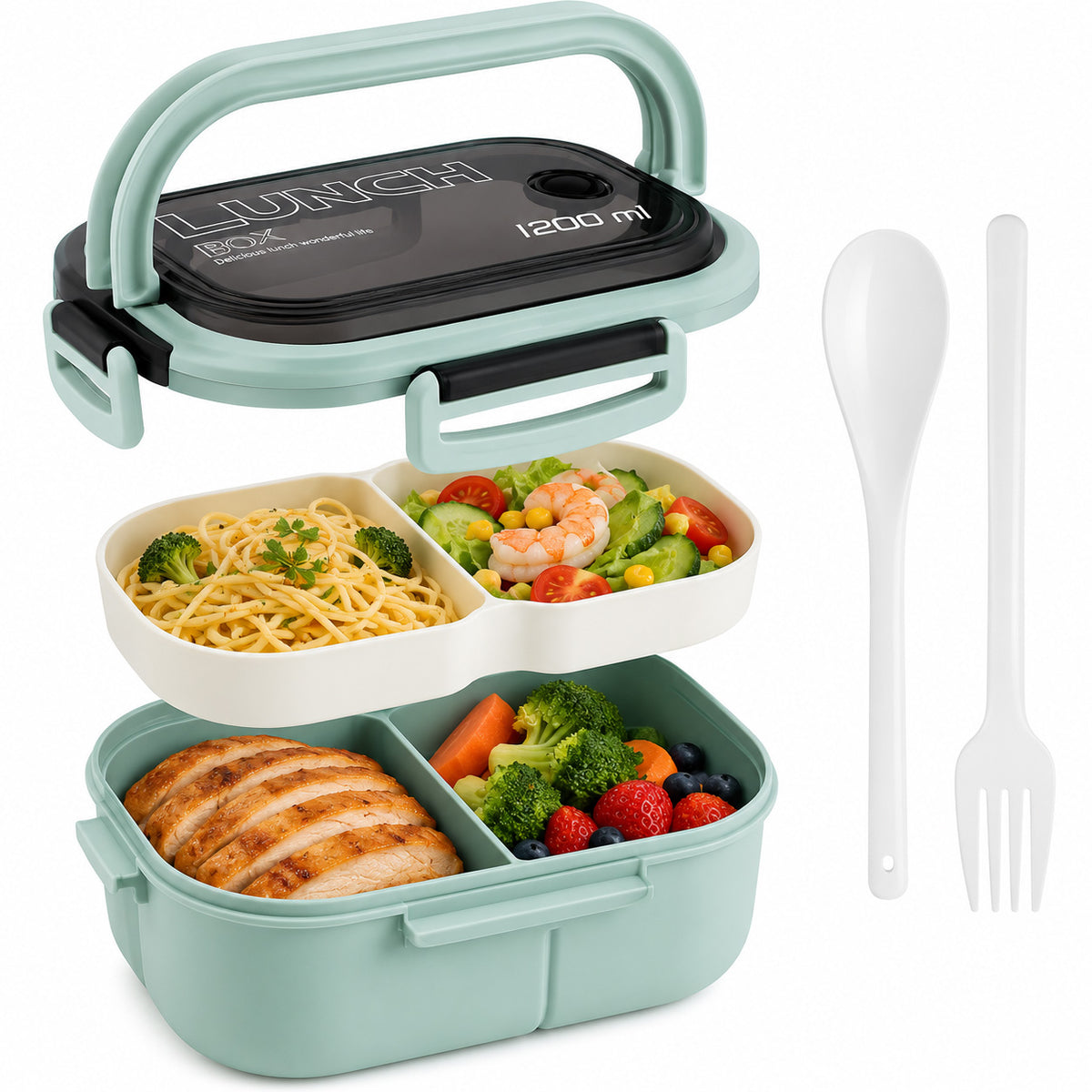 RAVU Lunch Box 1200 ml | Bento Brotdose mit Besteck – Green
