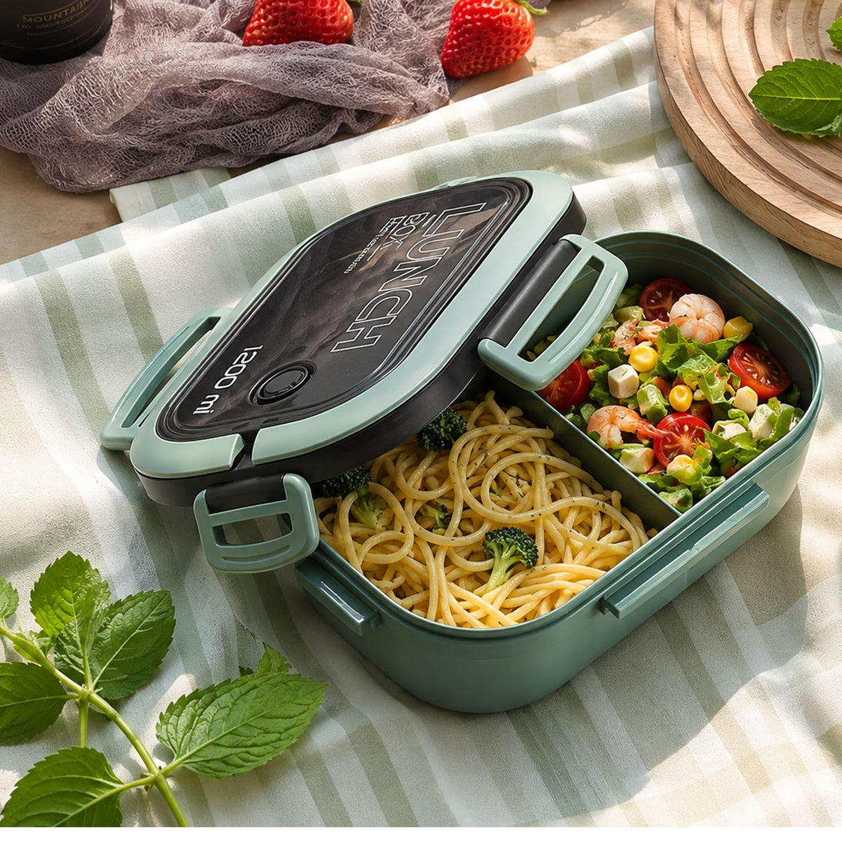 RAVU Lunch Box 1200 ml | Bento Brotdose mit Besteck – Green